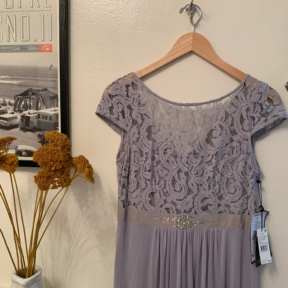 Adrianna Papell Lace and Tulle Silver Gown